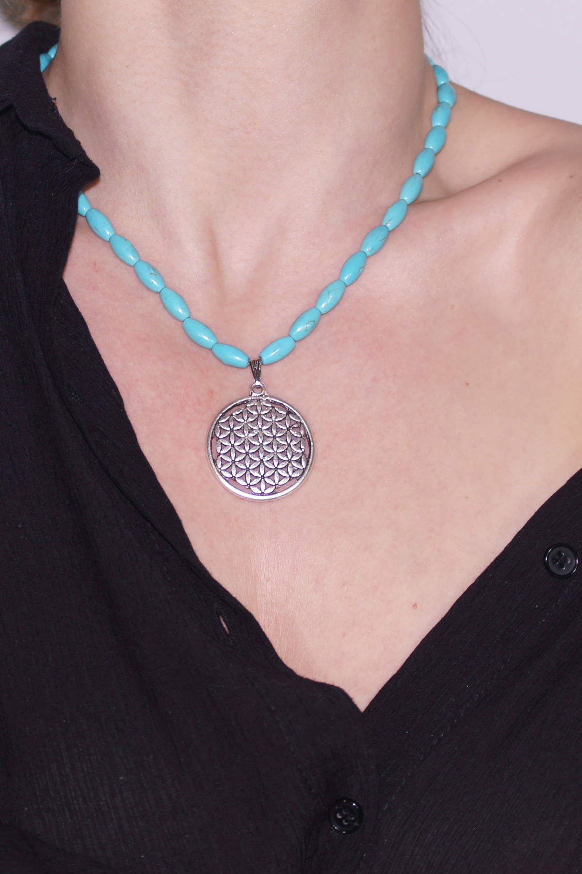 Turquoise Natural Stone Silver Plated Flower of Life Necklace