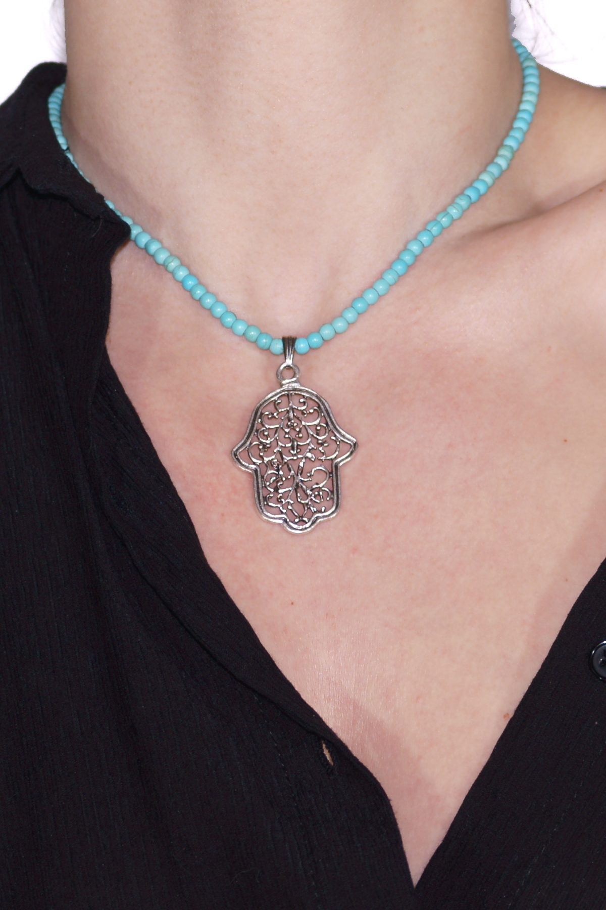 Turquoise Natural Stone Silver Plated Fatma Ana (Hamsa) Necklace