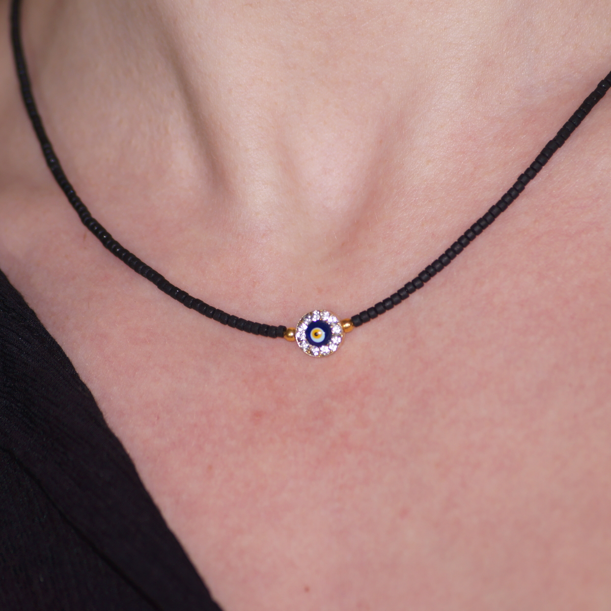 Handmade Stone Black Stone Necklace with Evil Eye Symbol