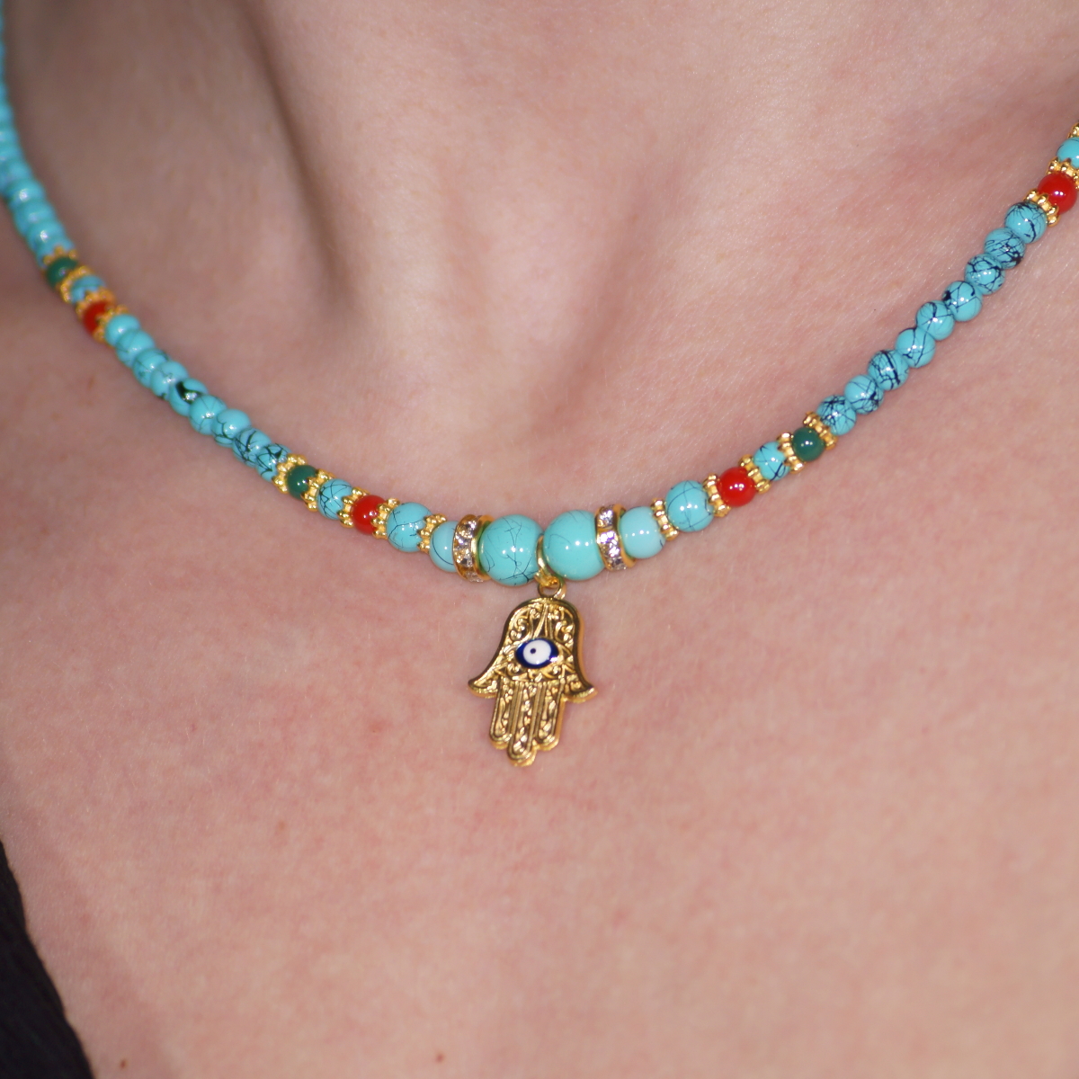 Handmade Gold Plated Hamsa Symbol Turquoise Stone Necklace