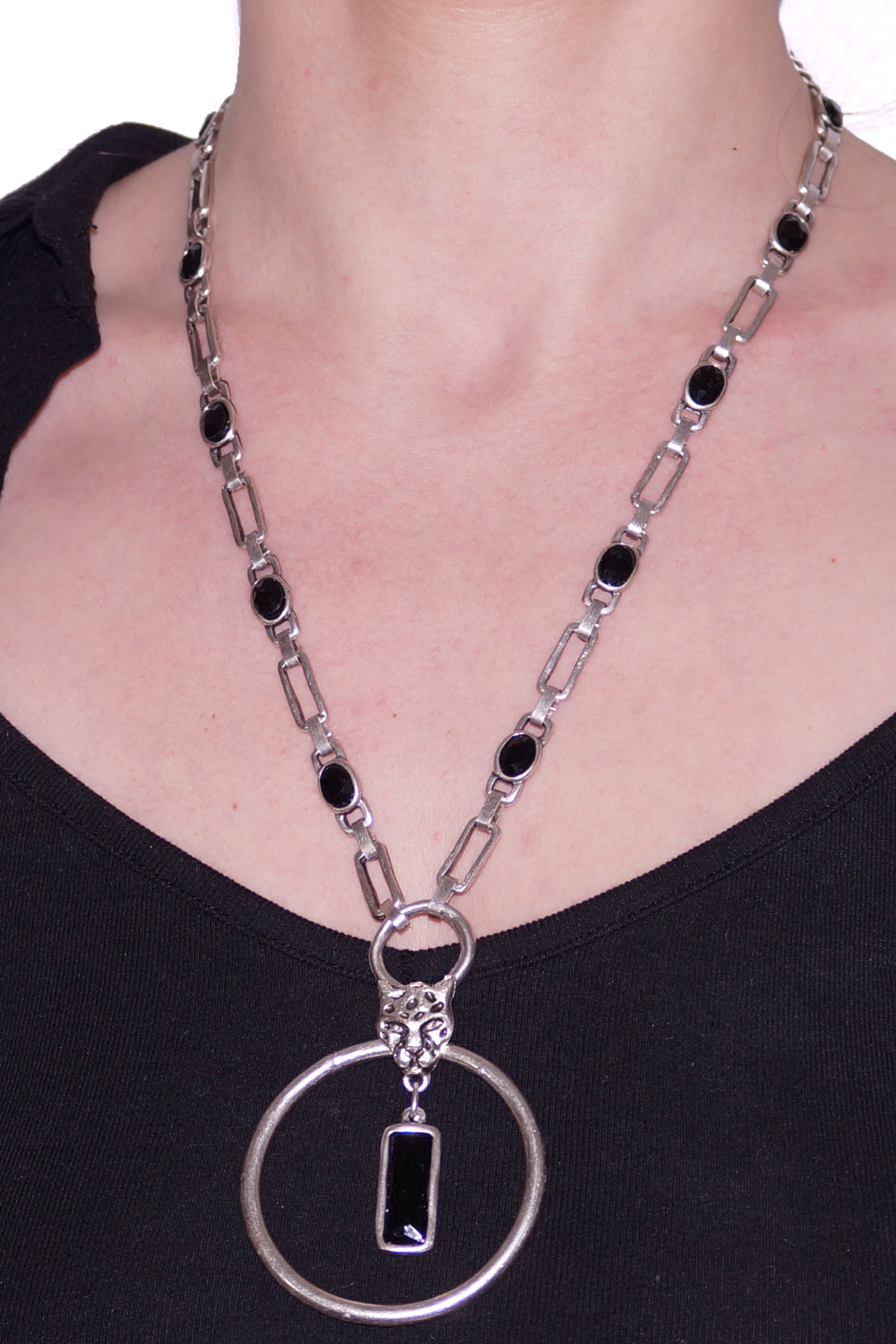 Tiger Figured Silver Plated Chain Necklace with Glass stone