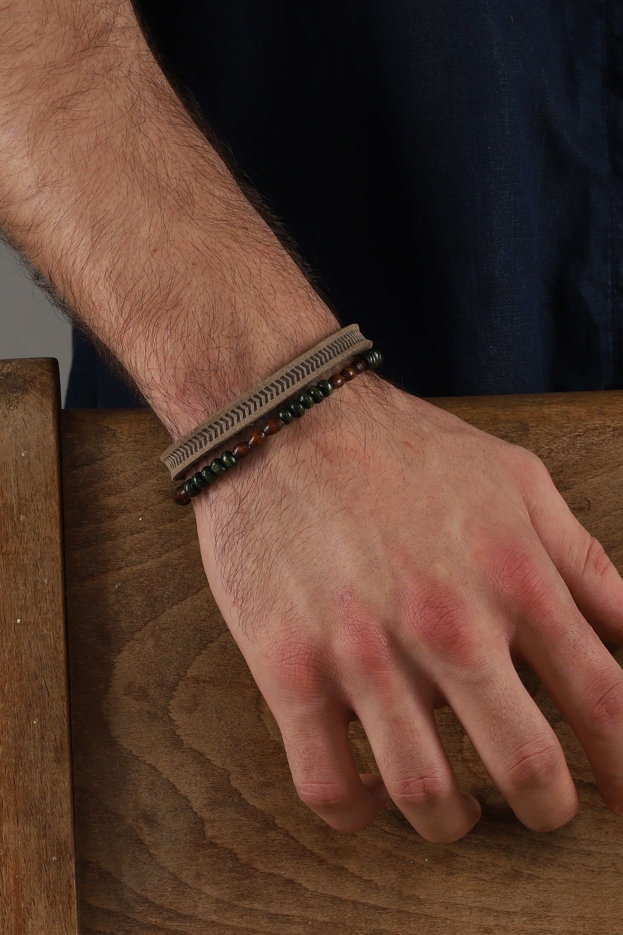 HAND MADE  DOUBLE LEATHER&GLASS BEADS BRACELET SET