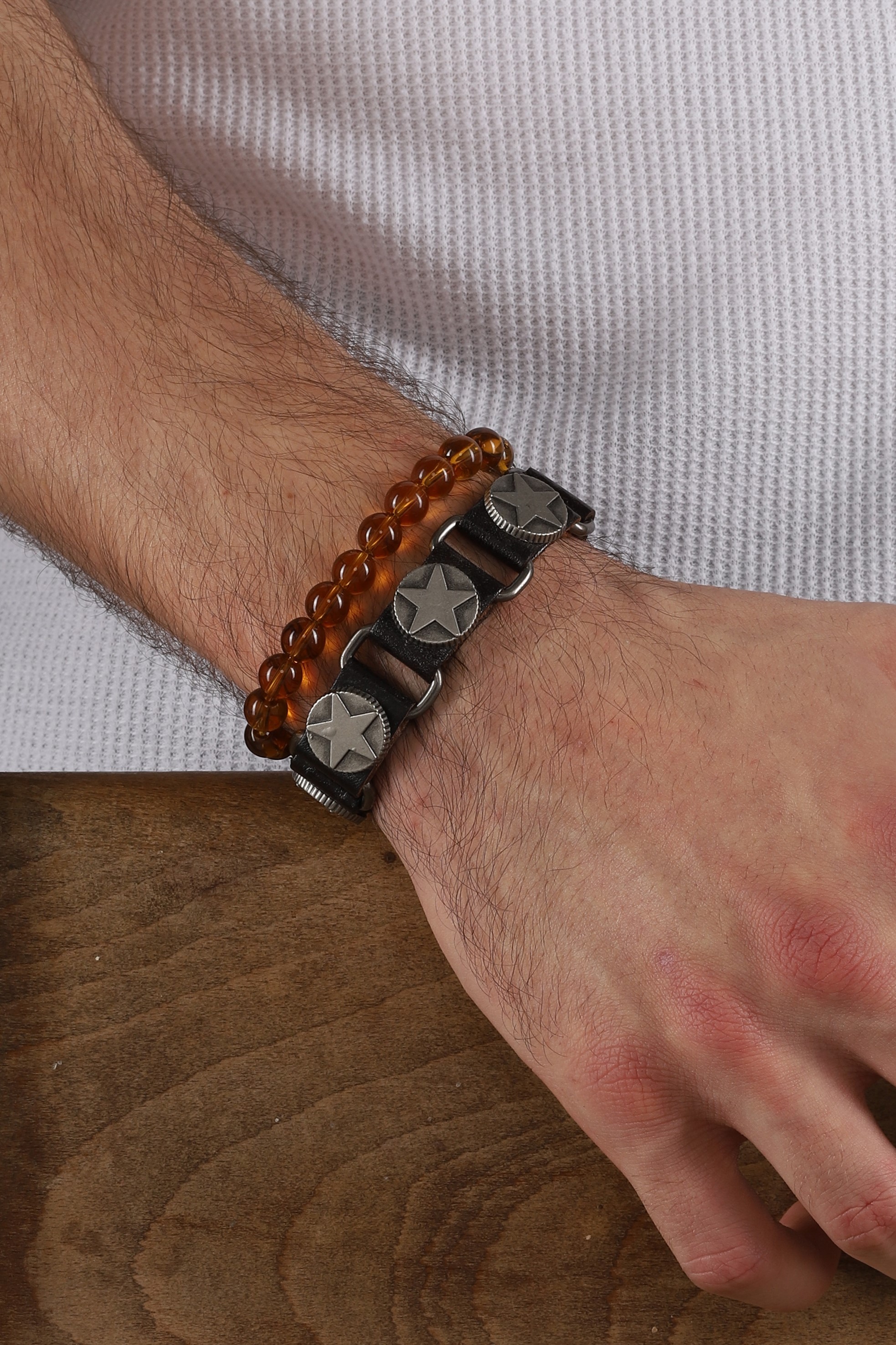 HAND MADE  DOUBLE LEATHER&GLASS BEADS BRACELET SET